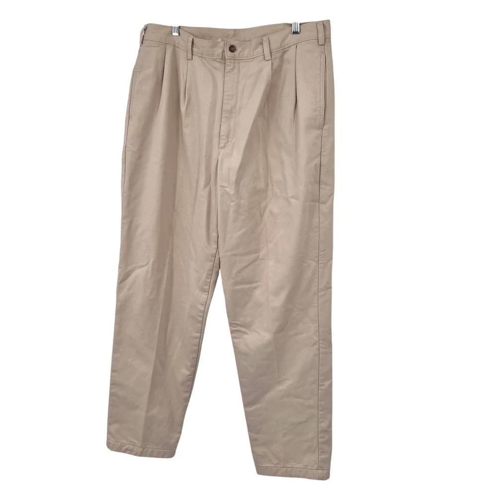 LL‎ Bean Mens 36x32 Flannel Lined Chino Pants Khaki Pleated Vintage Made in USA